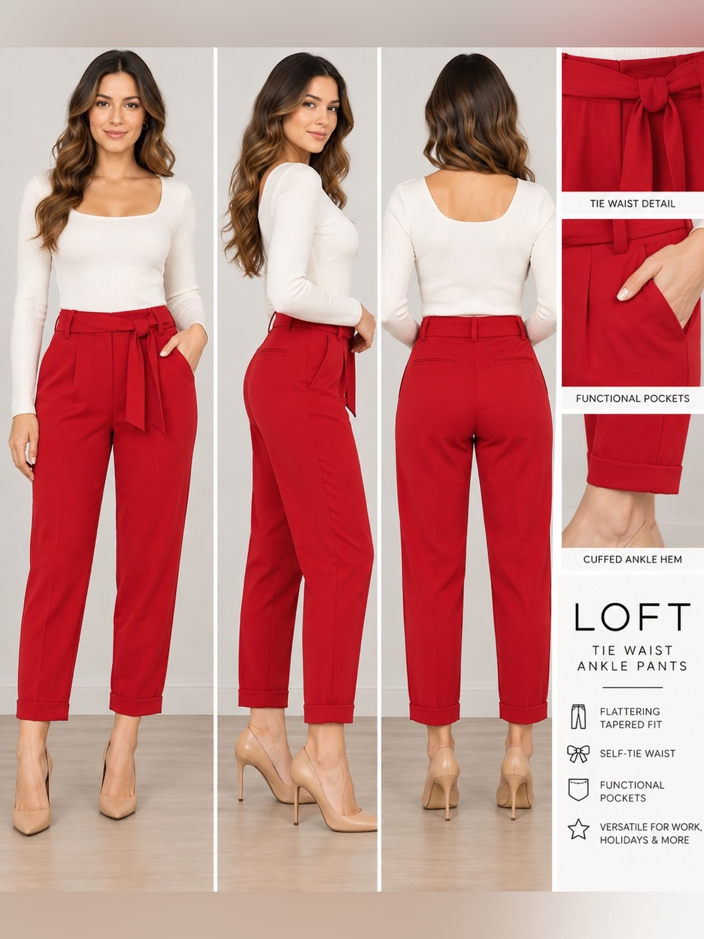 LOFT Red Tie-Waist Tapered Ankle Pants Size 4P Cuffed Hem Holiday Inspired